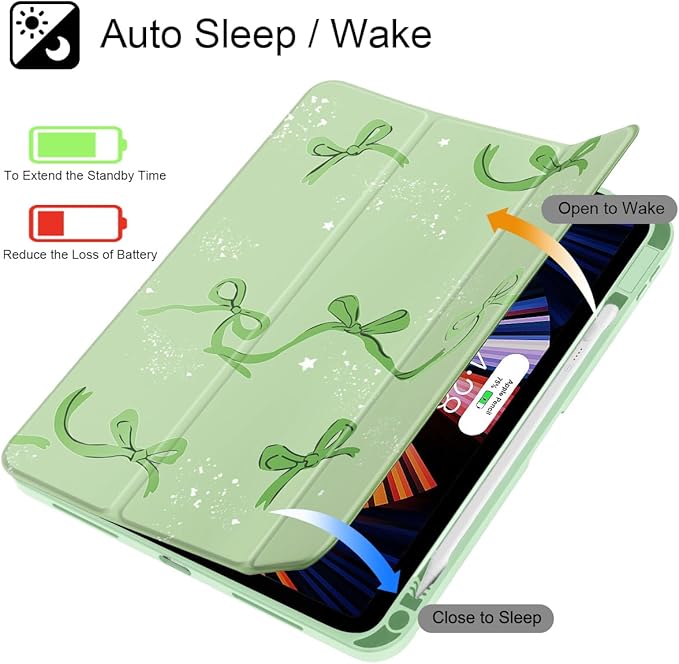 Tuiklol Case for iPad 11 inch (A16 Chip) 2025 Gen 11th / iPad 10.9 inch 2022 10th Gen Buit in Pencil Holder with Shockproof Cover Clear Transparent Back Shell Auto Wake/SleepBow-Green