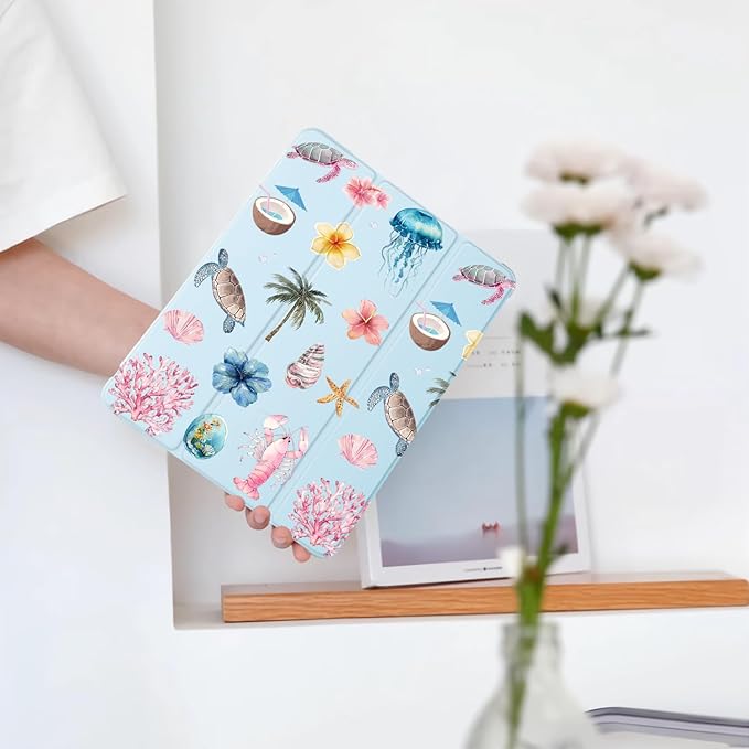 Cute Sea Turtle Flower for iPad Air 3 Case with Pencil Holder Auto Sleep/Wake Blue Leather Soft TPU Back Cover for iPad Pro 10.5 Inch 2017