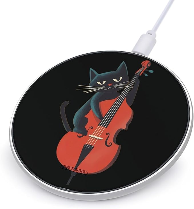 Black Cat Playing Violoncello Phone Charger Magnetic Charging Pad Anti-Slip with USB Cable