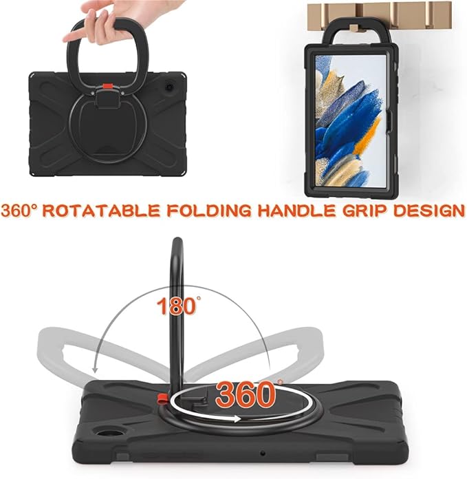 360 Rotation Case for Galaxy Tab A8 10.5 Sturdy Cover Rotate Ring Stand Shoulder Carrying Strap Hand Strap Rugged Children Adults Outdoor Case Black