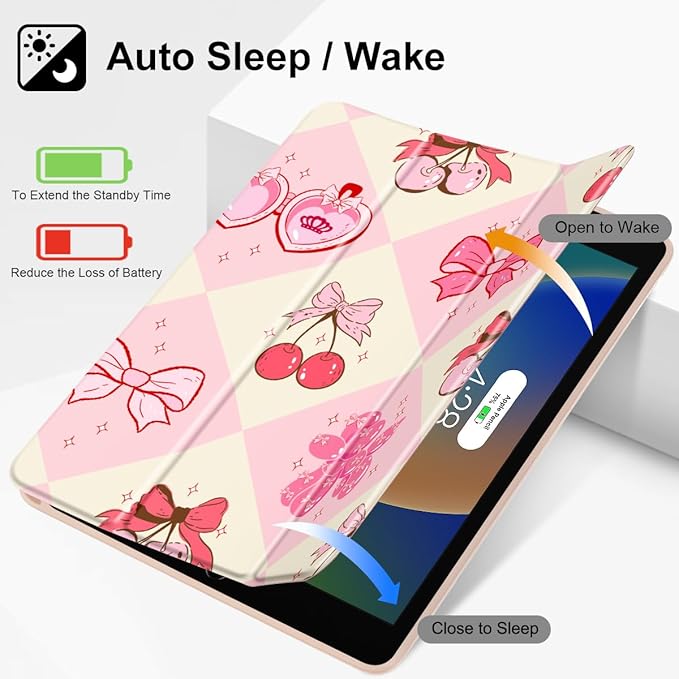 Mektron Designed Printed iPad 10.2 Case 9th Gen (2021)/ 8th Gen (2020)/ 7th Gen (2019) with Pencil Holder Slim Protective Case with Soft TPU Back for iPad 10.2 inch Cherry with Bows