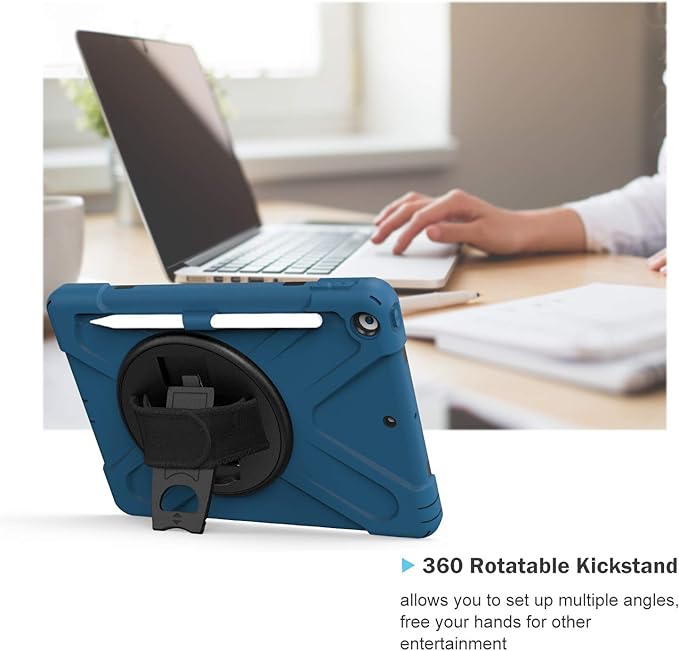 ProCase Rugged Case for iPad 9th/ 8th/ 7th Generation 10.2 (2021/2020/2019) Heavy Duty Shockproof Protective Cover with Strap for iPad 9/8/7 -Moroccoblue