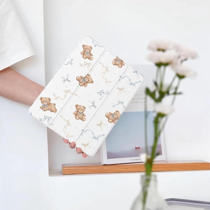 Cute Kawaii Bear Bow for iPad 5th/6th Generation Case with Pencil Holder Auto Sleep/Wake White Leather Soft TPU Back Cover for iPad 9.7 Inch