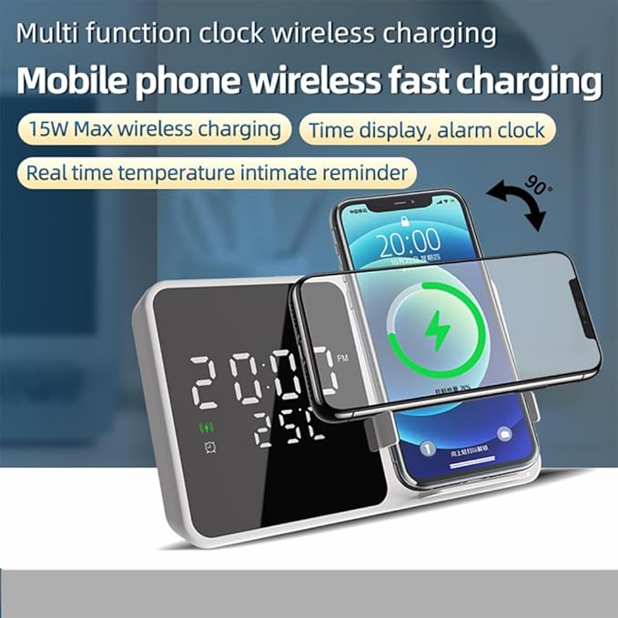 IHAO Multifunctional Alarm Clock with Wireless Charging for Phone 15W Fast Charger Large LED Display Temperature Phone Bracket for Bedside &amp Desk-W5 White