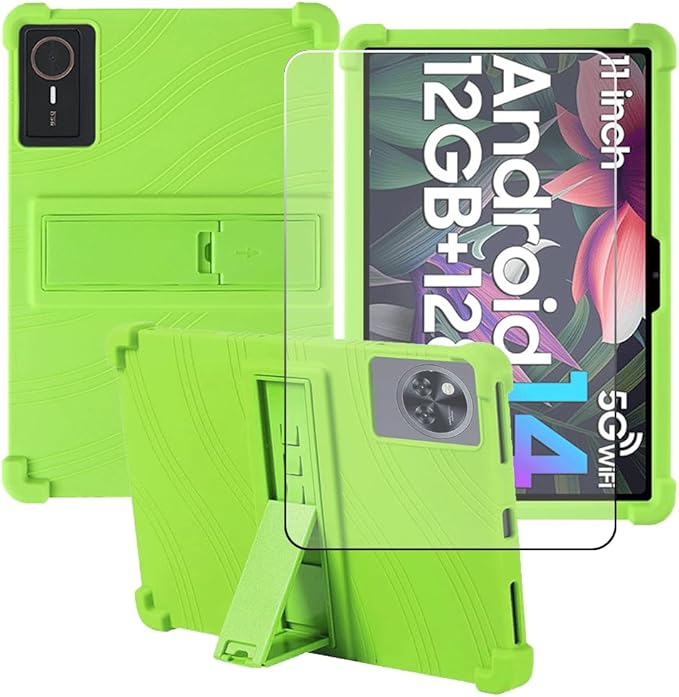 Compatible for ECOPAD T30 10.1 Inch Tablet Case + Screen Protector Tempered Glass Film Soft Silicone Full Coverage Adjustable Stand Protective Tablet Cover Green
