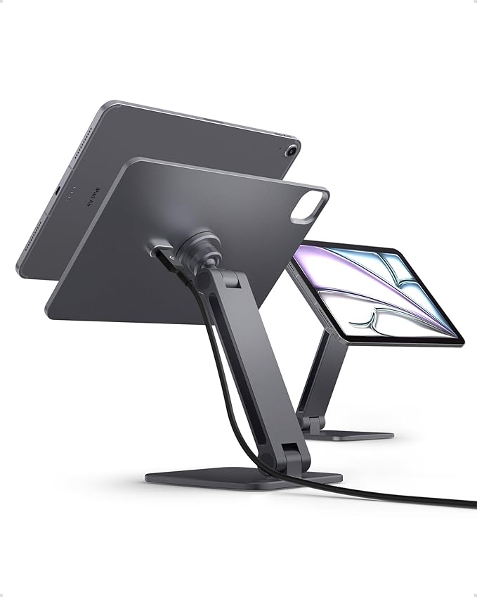 Spigen for Magnetic Wireless Charging Stand Compatible with iPad Air11 M3/M2 10.9 Pro 11 Gen 2/3/4 Foldable Adjustable Aluminum Pogo Pin Charger Tablet Holder Desk Mount - Space Gray (LD207W1)