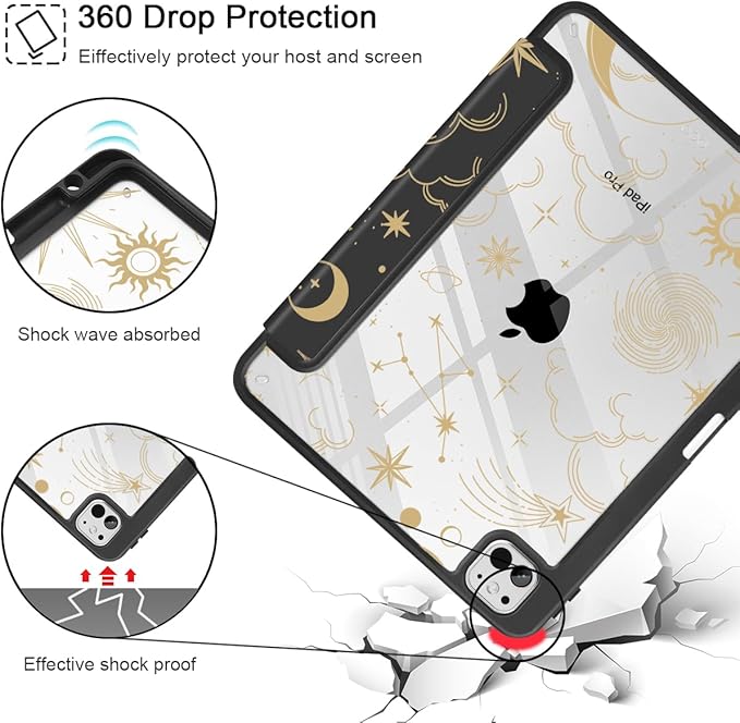 Tuiklol for iPad Pro 11 Inch (M5 2025 / M4 2024) Case Buit-in Pencil Holder with Slim Clear Back Cover Protection Trifold Stand-Auto Wake/Sleep Tablet Case Black Flower Moon &amp Star