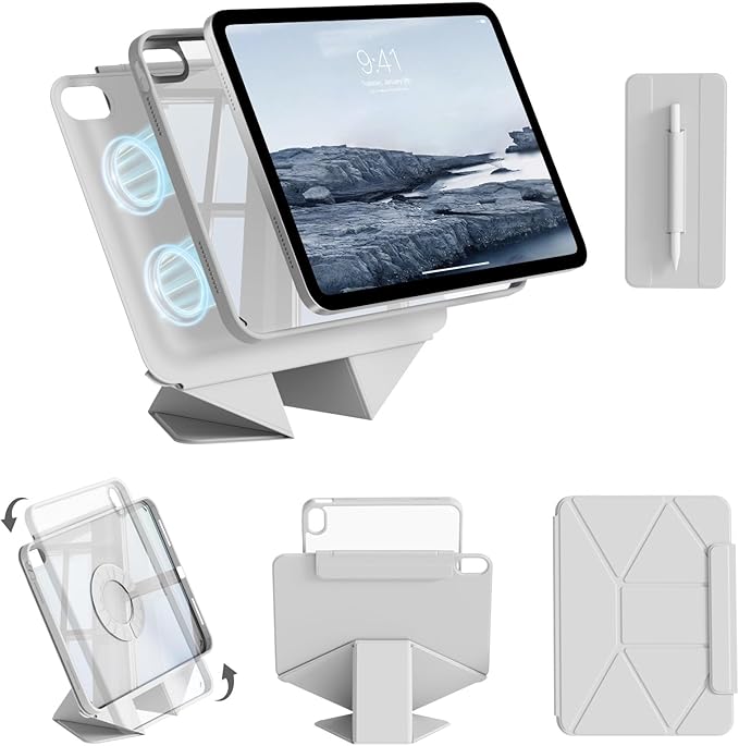 Case for iPad Air 11-Inch M4/M3/M2 (2026/2025/2024) iPad Air 5th/4th Generation (2022/2020) 10.9 with Pencil Holder Detachable Magnetic 360° Rotating Lightweight Protective Cover Gray