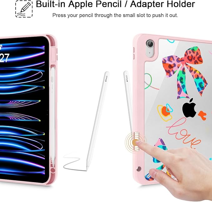 Mektron for 11th Generation iPad 11-inch A16 chip 2025 Cover with Pencil Holder Fit 10th Generation iPad 10.9-inch A14 chip 2022 Shockproof Clear Shell Neon Bows-Pink