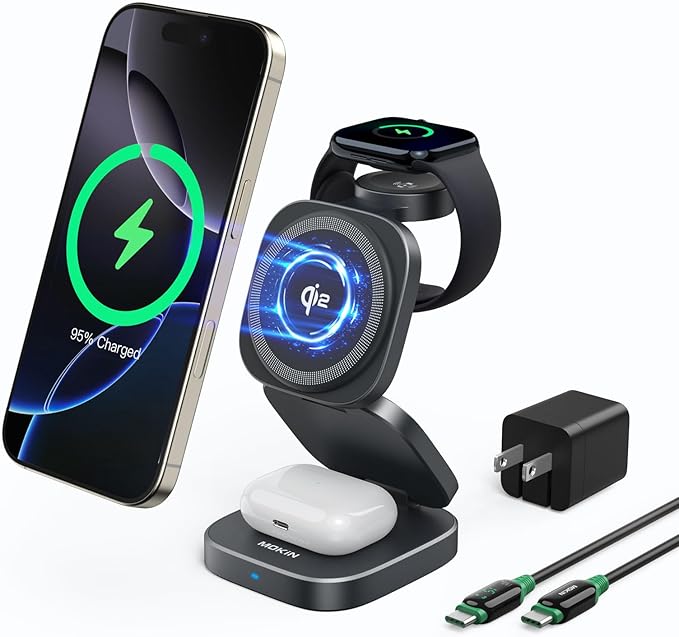Wireless Charging Station for Multiple Devices 3 in 1 Travel Charger Dock Foldable Magnetic Stand Compatible with MagSafe Qi2 iPhone 17 16 15 14 13 12 Air Apple Watch Series &amp Air pods 4 3 2 P