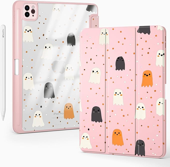 Cute Kawaii Halloween Ghost for iPad Air 11 Inch Case 7th/6th Generation (M3/M2) 2025/2024 with Pencil Holder Auto Sleep/Wake Pink Leather Clear Acrylic Back Cover