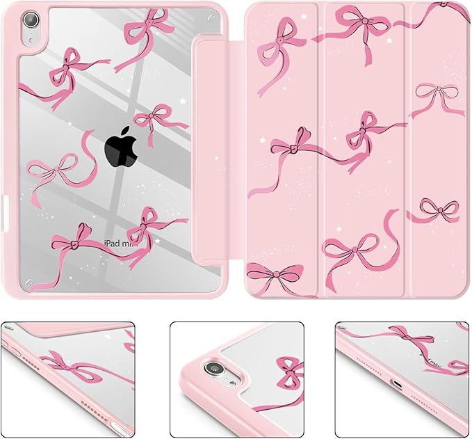 May Chen Slim Case for iPad mini 7 (A17 Pro 7th Generation) 2024 / iPad mini 6 (6th Gen) 8.3 Inch [Built-in Pencil Holder] Shockproof Cover Clear Clear Back Shell Auto Wake/Sleep Pink Stars Bow
