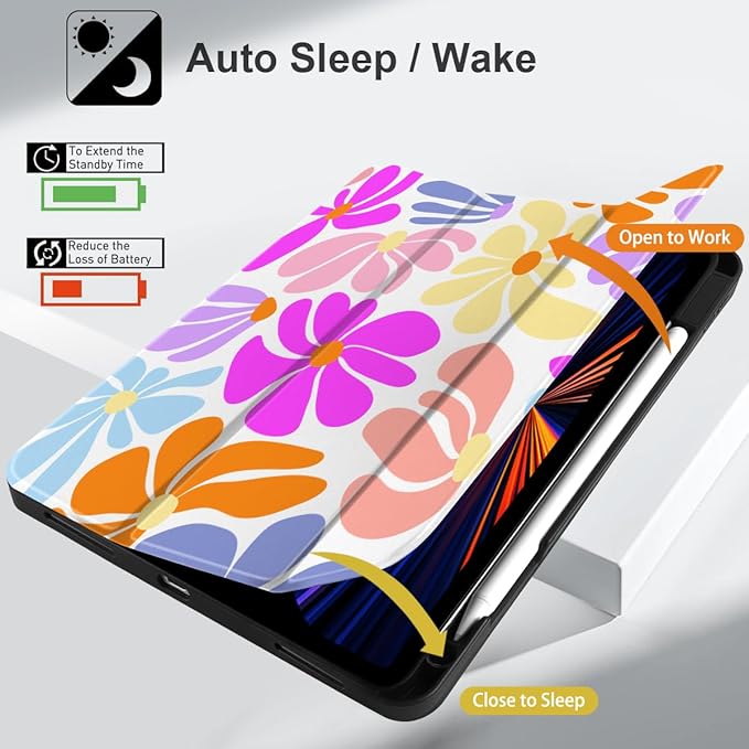 DONGKE Case for 2022/2021/2020/2018 iPad Pro 11 inch Gen 4/3/2/1 - Slim Protective Case - Built in Pencil Holder Support Charging - Trifold Stand &amp Sleep/Wake Cover - Retro Flowers