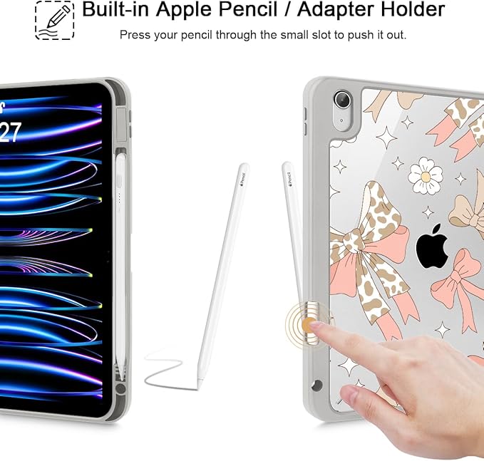 Tuiklol Case for iPad 11 inch (A16 Chip) 2025 Gen 11th / iPad 10.9 inch 2022 10th Gen Buit in Pencil Holder with Shockproof Cover Clear Transparent Back Shell Auto Wake/SleepLeopard Bow Pink