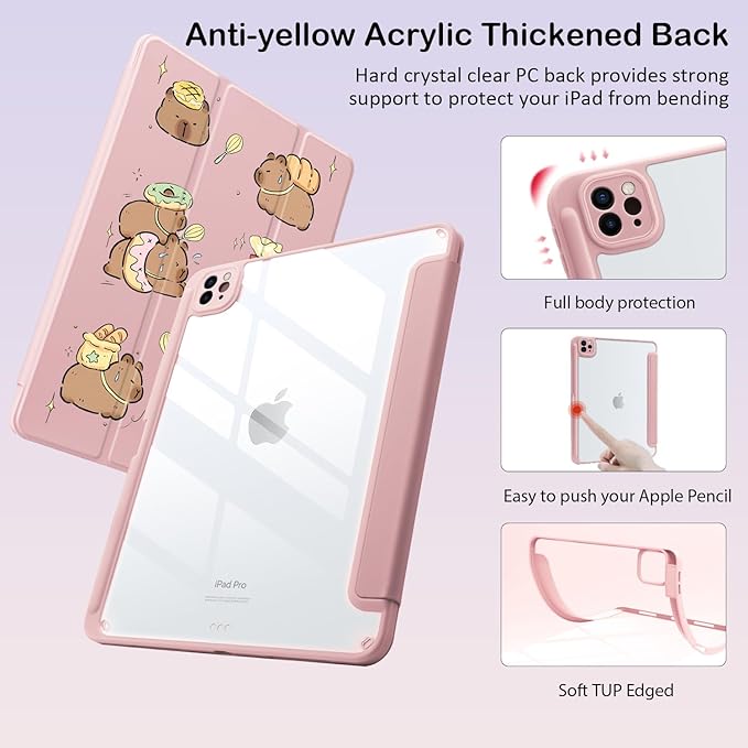 Cute Kawaii Capybara for iPad Air 11 Inch Case 7th/6th Generation (M3/M2) 2025/2024 with Pencil Holder Auto Sleep/Wake Pink Leather Clear Acrylic Back Cover