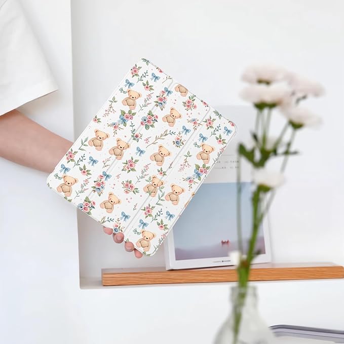 Cute Kawaii Bear Flower Bow for iPad mini 7 A17 Pro 2024/iPad Mini 6 Case with Pencil Holder Auto Sleep/Wake White Leather Soft TPU Back Cover