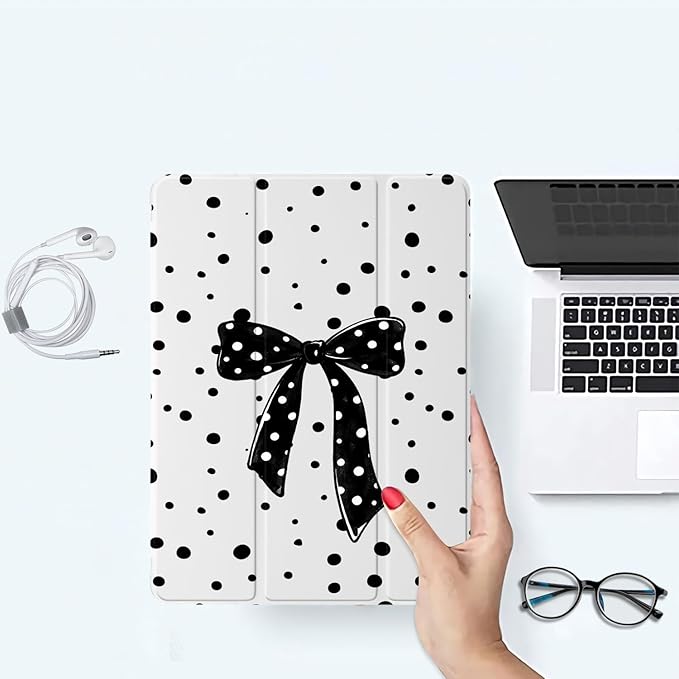 JOYLAND Black Polka Dot Bowknot Case for iPad mini 7th(A17 Pro) 2024 / Mini 6th Generation 8.3 2021Pencil Holder &amp Clear Transparent Back &amp Trifold Smart Tablet Cover for Girls Women