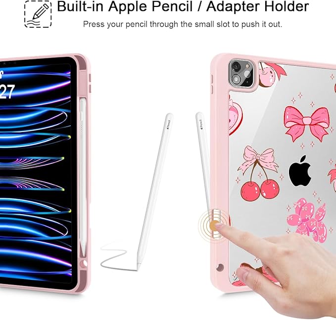 Mektron Case for iPad Pro 11 inch (4th 3rd 2nd &amp 1st Gen) 2022 2021 2020 2018 Buit in Pencil Holder with Shockproof Cover Clear Shell + Auto Wake/Sleep Cherry with Bows