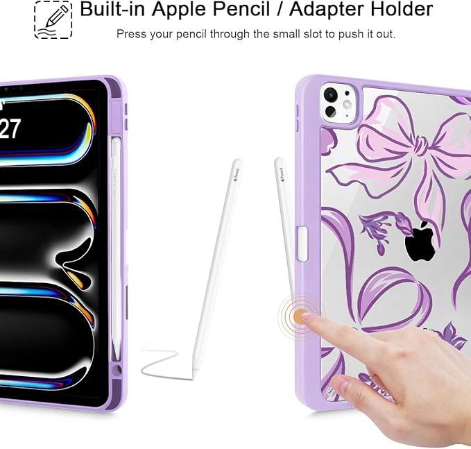 Mektron Case for M5/ M4 iPad Pro 11 inch 2025/2024 with Pencil Holder Compatible Models: A3357/A3358/A3359/A2836/A2837/A3006 Shockproof Cover Clear Shell Flowers-Bows-Purple