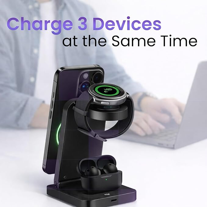 Magnetic Wireless Charger Stand 3-in-1 Foldable Wireless Charging Station with 20W Adapter Travel Charging Stand for Phone Earbuds &amp Watch Compact Multi-Device Charger