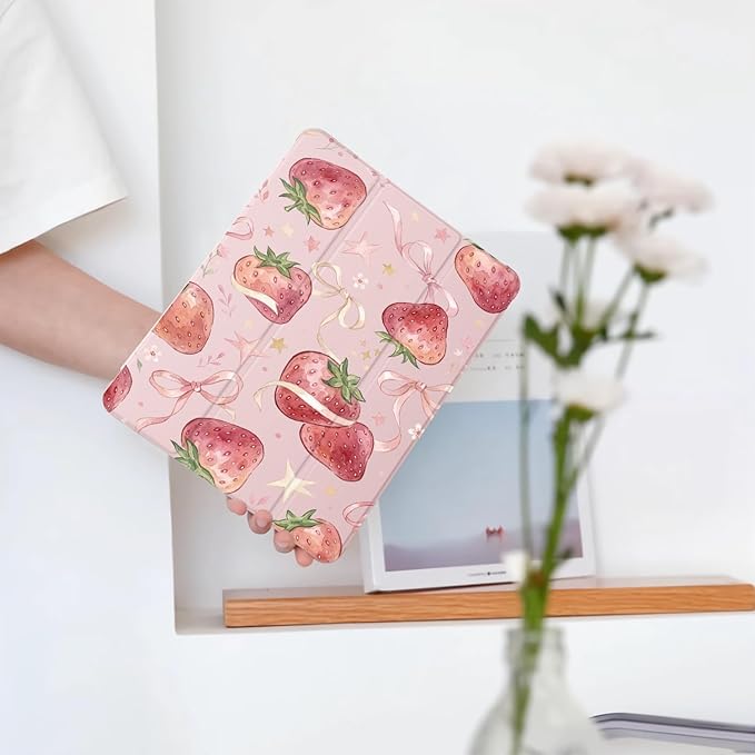 Cute Strawberry Ribbon Bow for iPad Pro 13 Inch Case (M5/M4) 2025/2024 with Pencil Holder Auto Sleep/Wake Pink Leather Soft TPU Back Cover
