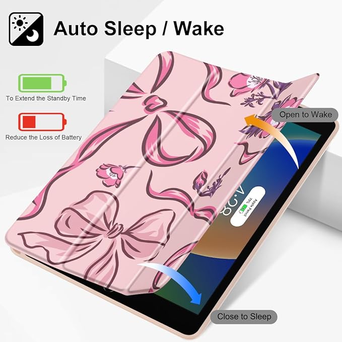 Mektron Designed Printed iPad 10.2 Case 9th Gen (2021)/ 8th Gen (2020)/ 7th Gen (2019) with Pencil Holder Slim Protective Case with Soft TPU Back for iPad 10.2 inch Flowers-Bows-Pink