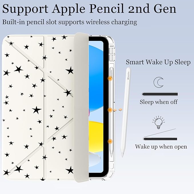 Cute Black Stars for iPad 7th/8th/9th Generation Case 10.2 Inch 2019/2020/2021 with Pencil Holder Auto Sleep/Wake White Leather Acrylic Back Detachable Cover