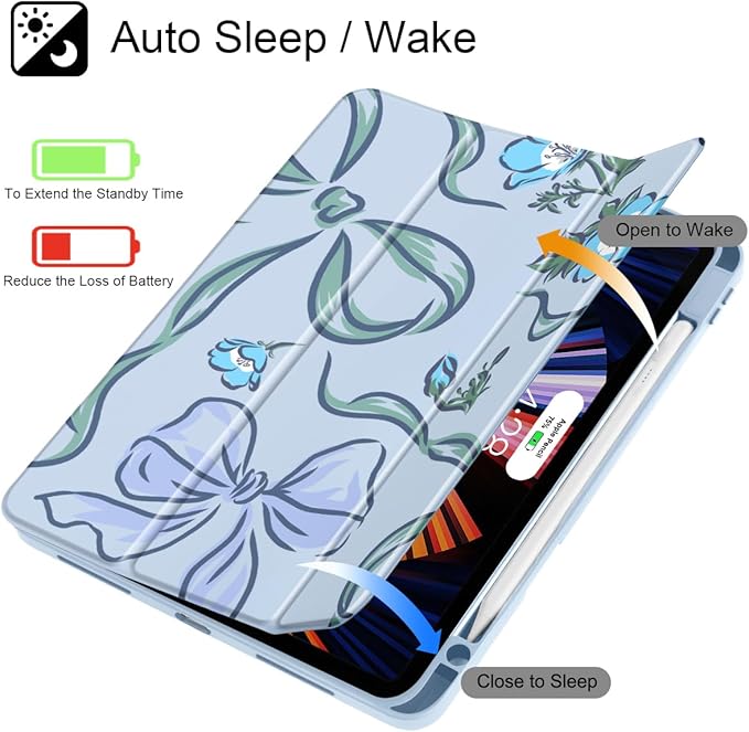 Mektron Case for M5/ M4 iPad Pro 11 inch 2025/2024 with Pencil Holder Compatible Models: A3357/A3358/A3359/A2836/A2837/A3006 Shockproof Cover Clear Shell Flowers-Bows-Blue