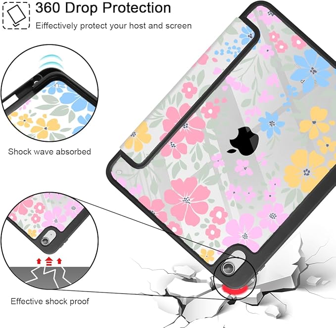 May Chen Case for iPad Air 13 Inch M4 2026 M3 2025 M2 2024 [Built-in Pencil Holder] Shockproof Cover with Clear Transparent Back Shell Auto Sleep/Wake Cover Wild Flowers