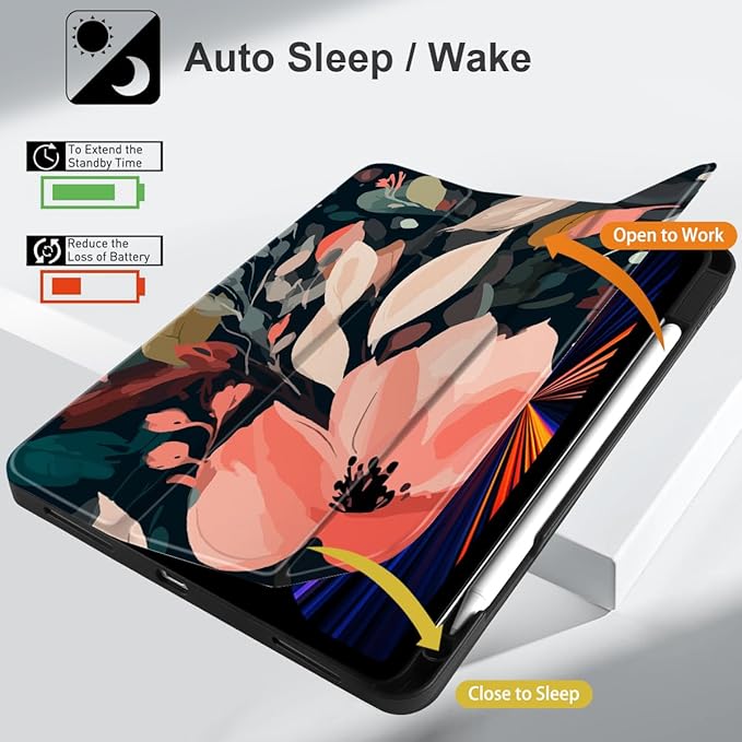 DONGKE Case for 2022/2021/2020/2018 iPad Pro 11 inch Gen 4/3/2/1 - Slim Protective Case - Built in Pencil Holder Support Charging - Trifold Stand &amp Sleep/Wake Cover - Painted Florals