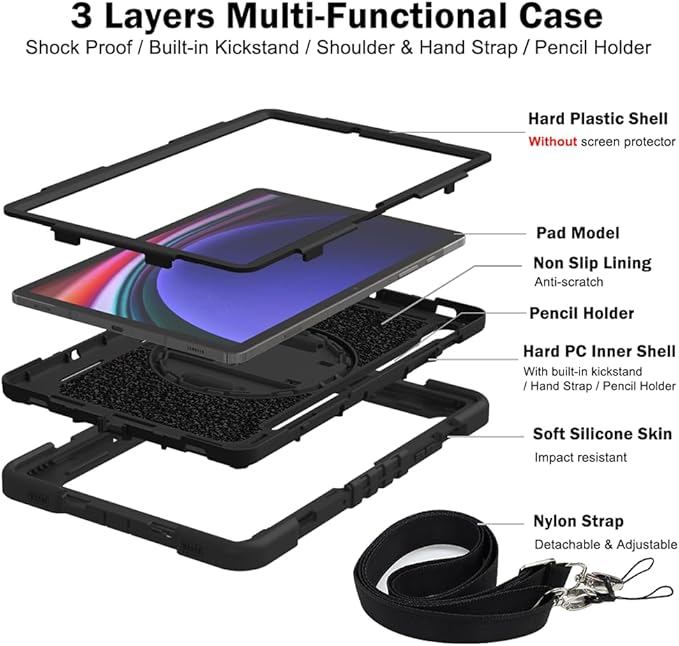 Shockproof Case for Samsung Galaxy Tab S10 Lite/S10 FE/S9/S9 FE 11 Tablet Cover with Shoulder+Hand Strap Techcircle Heavy Duty Rotating Kickstand Rugged Defender Protective Case Black