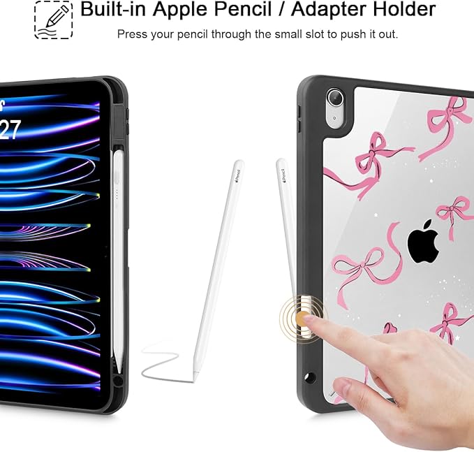 May Chen Case for iPad Air 13 Inch M4 2026 M3 2025 M2 2024 [Built-in Pencil Holder] Shockproof Cover with Clear Transparent Back Shell Auto Sleep/Wake Cover White Bows