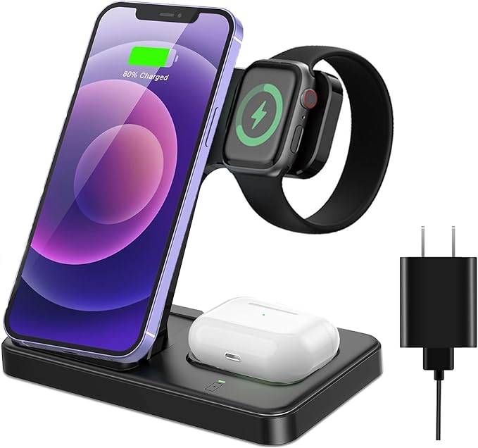 Wireless Charger 3 in 1 Fast Desk Charging Station for iPhone 16 15 14 13 12 Charging Stand Dock for Apple Watch &amp AirPods