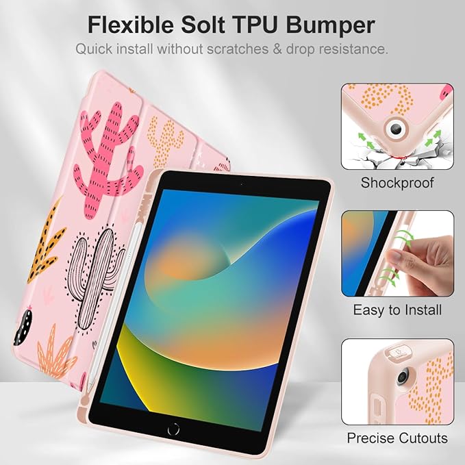 Mektron Designed Printed iPad 10.2 Case 9th Gen (2021)/ 8th Gen (2020)/ 7th Gen (2019) with Pencil Holder Slim Stand Protective Case with Soft TPU Back for iPad 10.2 Inch Colorful Cacti