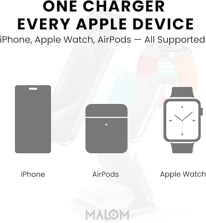 MALOM S21 Aluminum 3 in 1 Magnetic Fordable Wireless Charger for iPhone 17/16/15/14/13/12/Pro/Pro Max Apple Watch 1-9/ultra 1-2 AirPod 2/3/Pro/Max [Include Type A-C Cable &amp 20W Adapter &amp Case