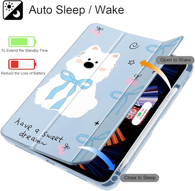 May Chen for iPad Air 11-inch M4/M3/M2 (2026/2025/2024) iPad Air 5th/4th 10.9 Inch - Shockproof Cover with Clear Back Shell &amp Penceil Holder Auto Wake/Sleep Stand Cover Blue Bows Dog