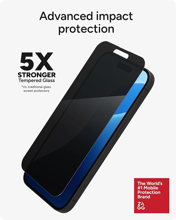 ZAGG Glass Elite Privacy 360 Screen Protector for iPhone 16/15 – 4-Way Privacy Ultra-Strong Tempered Glass 5X Stronger Smudge-Resistant Easy Install Recycled Content