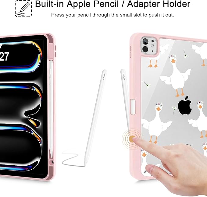 May Chen Case for iPad Pro 11-Inch M5/M4 2025/2024 (6th/5th Generation) [Penceil Holder] Trifold Stand Auto Wake/Sleep Clear TPU Protection Back Cover Goose Flower