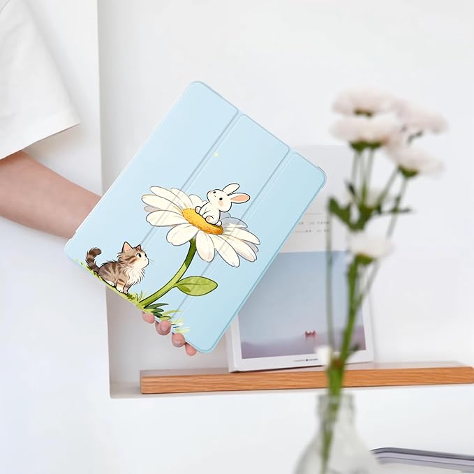 Cue Kitten Cat Bunny Flower for iPad Pro 11 Inch Case 4th/3rd/2nd Generation 2022/2021/2020 with Pencil Holder Auto Sleep/Wake Blue Leather Soft TPU Back Cover