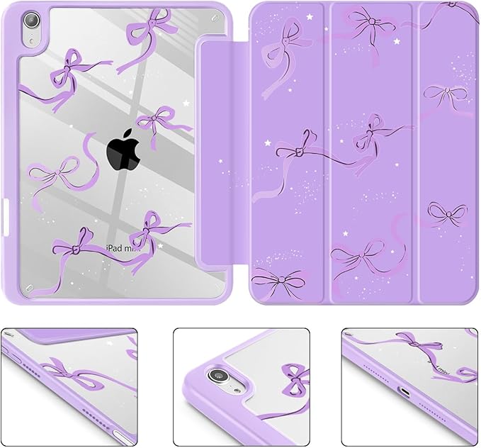 May Chen Slim Case for iPad mini 7 (A17 Pro 7th Generation) 2024 / iPad mini 6 (6th Gen) 8.3 Inch [Built-in Pencil Holder] Shockproof Cover Clear Clear Back Shell Auto Wake/Sleep Purple Stars Bow