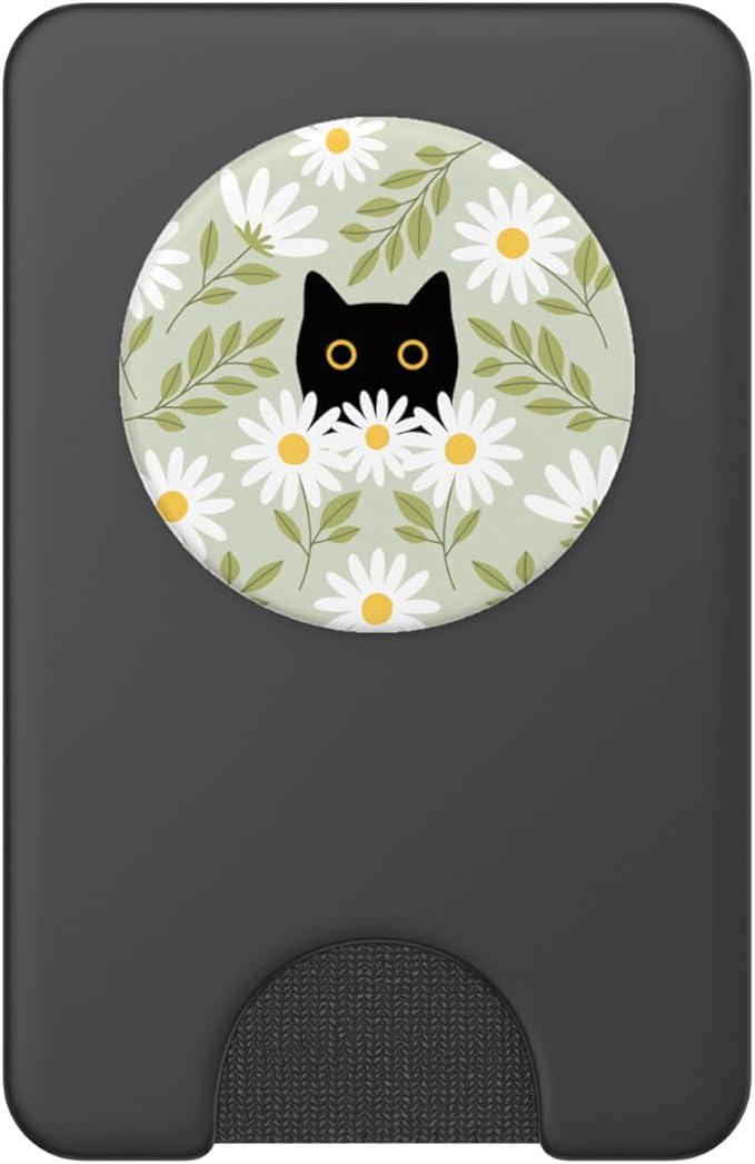 Cute Daisy Flower Floral Black Cat Sage Green Women Girls PopSockets PopWallet for MagSafe