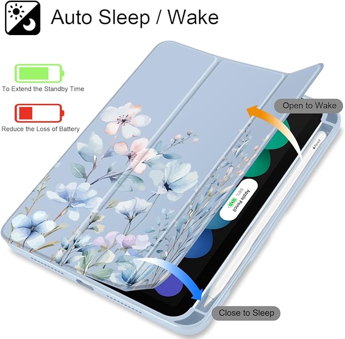 May Chen Slim Case for iPad mini 7 (A17 Pro 7th Generation) 2024 / iPad mini 6 (6th Gen) 8.3 Inch [Built-in Pencil Holder] Shockproof Cover Clear Clear Back Shell Auto Wake/Sleep Wild Flowers