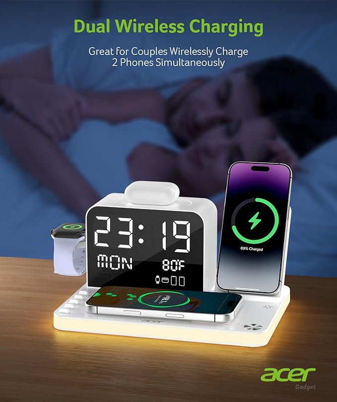 Acer 7-in-1 Wireless Charging Station with LED Clock - 30W Fast Wireless Charger for iPhone 16/15/14/13/12/Pro Max Apple Watch AirPods - Bluetooth Auto Time Sync &amp Night Lights (White)