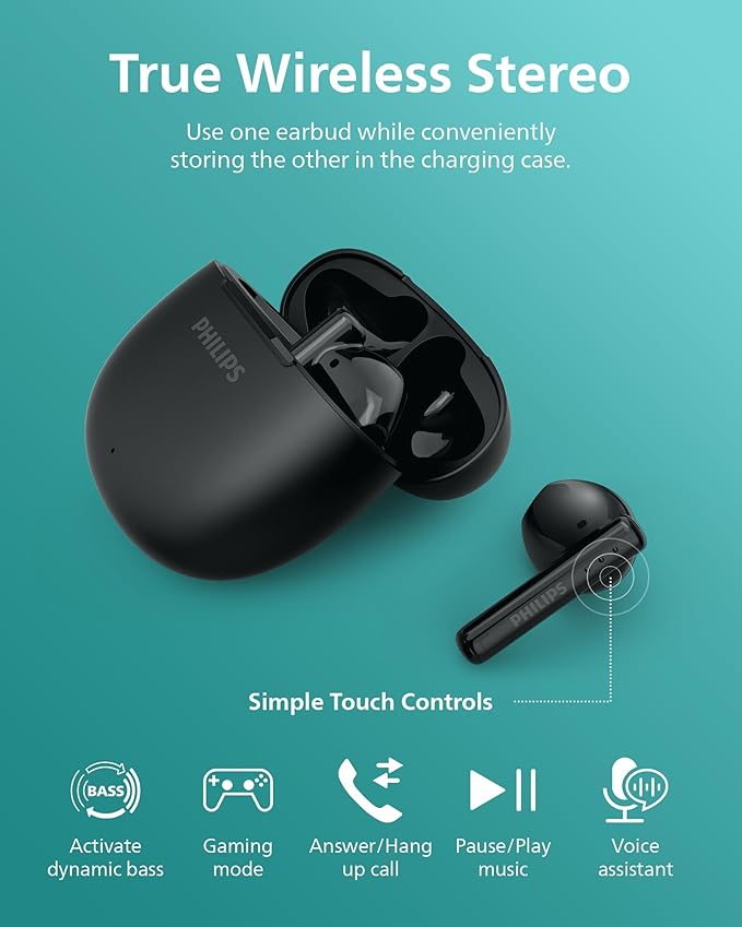 Philips TAT1139 Wireless EarbudsTrue Wireless HeadphonesPowerful Bass with 13 mm DriverClear Call with AI Mic26-Hour Battery LifeFast ChargingBluetooth v5.4IPX4 RatingErgonomic DesignBlack
