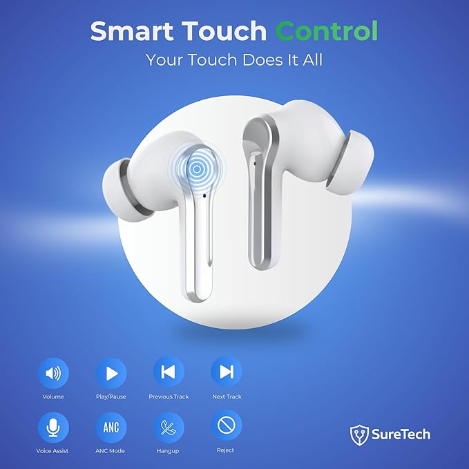 ANC/ENC Wireless Earbuds Bluetooth 6.0 in-Ear Headphones Touch Screen Control Waterproof with Charging Case and Silicone Tips