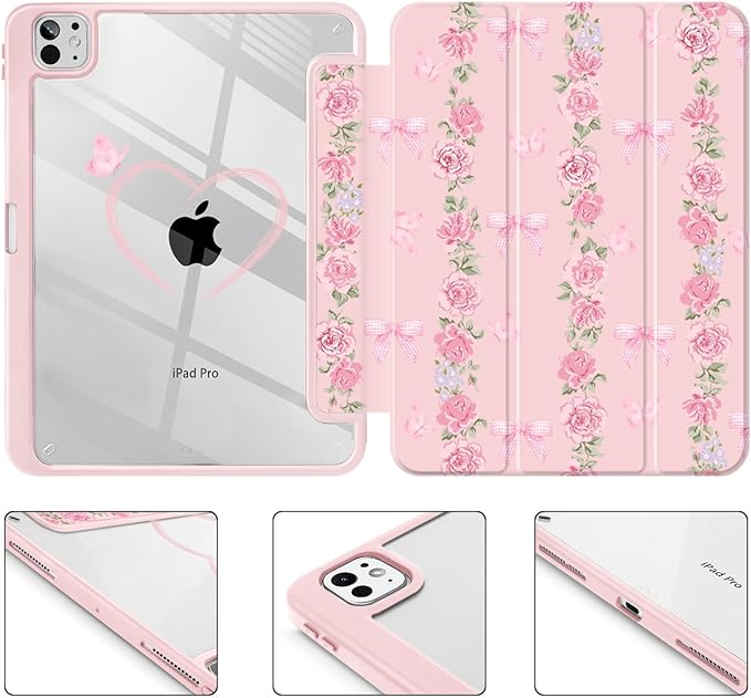 May Chen Case for iPad Pro 11-Inch M5/M4 2025/2024 (6th/5th Generation) [Penceil Holder] Trifold Stand Auto Wake/Sleep Clear TPU Protection Back Cover Bow &amp Rose Flower