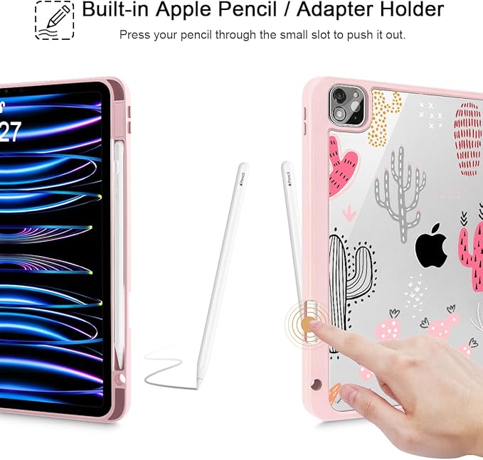 Tuiklol Case for iPad Pro 12.9 Inch M2 Case 2022 2021 2020 2018 Generation 6th/5th/4th/3rdBuilt-in Pencil 2nd Holder Clear Transparent Protective Back Shell CoverCactus