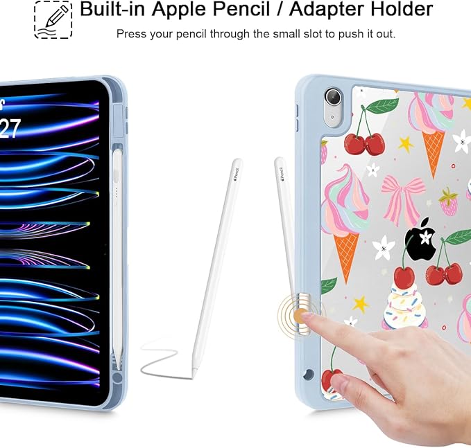 Case for iPad 11 inch A16 2025 Generation 11th / iPad 10.9 inch 2022 10th Gen Buit in Pencil Holder with Shockproof Cover Clear Transparent Back Shell Auto Wake/Sleep Ice Cream-Bows-Blue