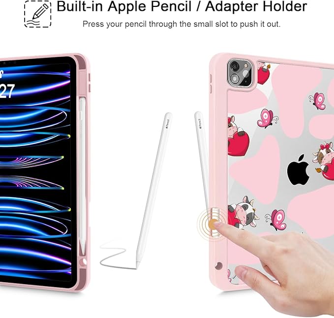 Mektron Case for iPad Pro 11 inch (4th 3rd 2nd &amp 1st Gen) 2022 2021 2020 2018 Buit in Pencil Holder with Shockproof Cover Clear Shell + Auto Wake/Sleep Butterfly Cow