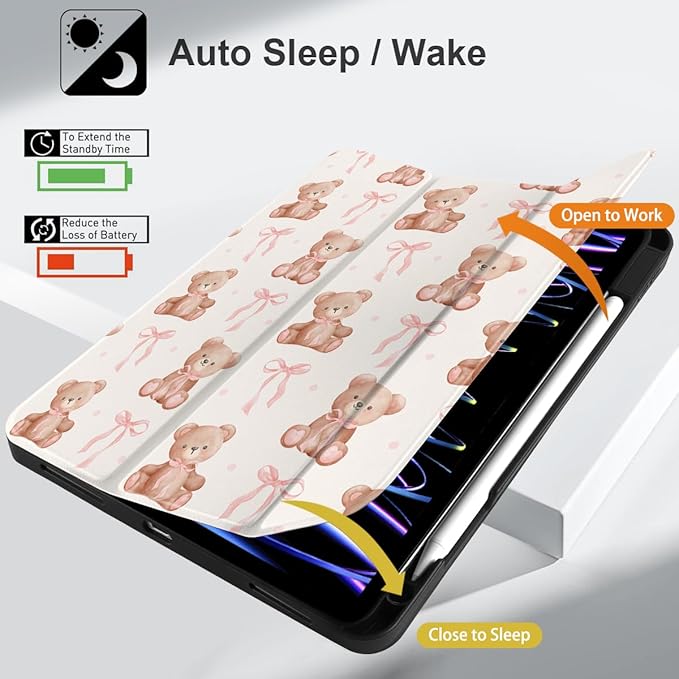 DONGKE Case for 2022/2021/2020/2018 iPad Pro 11 inch Gen 4/3/2/1 - Slim Protective Case - Built in Pencil Holder Support Charging - Trifold Stand &amp Sleep/Wake Cover- Bear